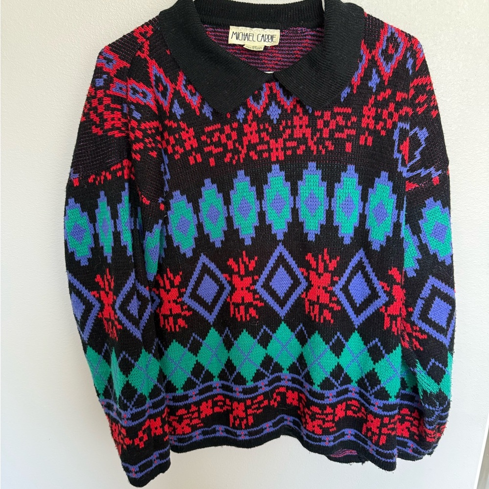 Men’s Vintage 90s Collared Electric Grandpa Sweater Size M